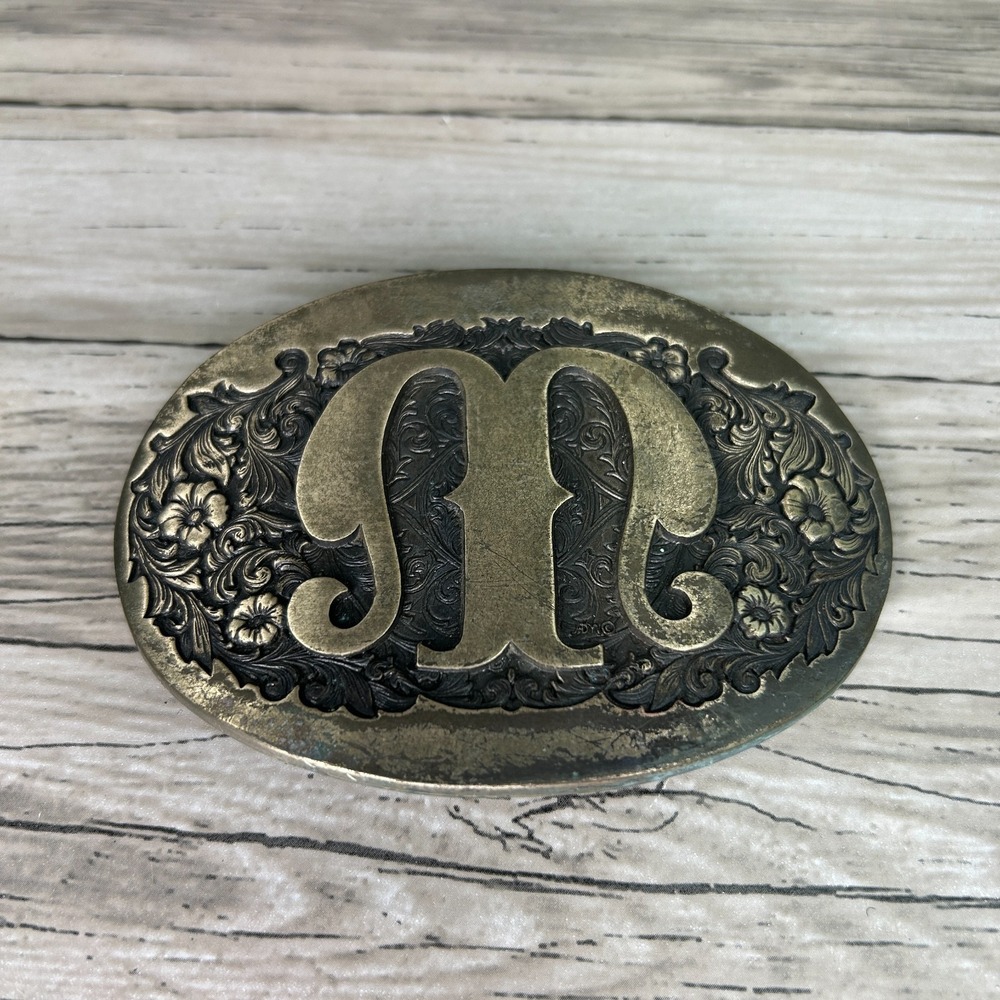 M Belt Buckle‎ Brass Western Initial M Monogram Vintage 70s Award Design Medals